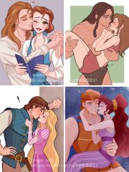 4boys 4girls absurdres ancient_greek_clothes animification beauty_and_the_beast_(disney) belle_(disney) blue_eyes brown_hair company_connection dress eyeshadow flynn_rider greco-roman_clothes hercules_(1997_movie) hercules_(disney) highres jane_porter long_hair makeup megara_(disney) moko_eaka multiple_boys multiple_girls muscular muscular_male ponytail prince_adam_(disney) purple_dress purple_eyes rapunzel_(disney) short_hair simple_background sleeveless smile tangled tarzan_(disney) tarzan_(disney_movie)