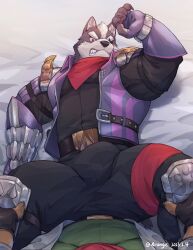 2boys animal_ears arange_(youhei79384157) artist_name black_gloves black_pants blush bulge chinese_commentary claws clenched_teeth commentary_request dated eyepatch fingerless_gloves fox_boy fox_mccloud furry furry_male gloves green_shirt highres jacket looking_at_viewer lying male_focus multiple_boys neckerchief nintendo on_back on_bed pants pawpads pov purple_gloves purple_vest red_neckerchief scar scar_across_eye scar_on_face shirt spiked_kneepads star_fox tail teeth vest white_jacket wolf_boy wolf_ears wolf_o&#039;donnell wolf_tail yaoi