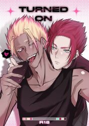 2boys black_tank_top blonde_hair blue_eyes blue_lock cellphone collarbone colored_eyelashes dark-skinned_male dark_skin eyelashes heart highres holding holding_phone itoshi_sae looking_at_another male_focus multicolored_hair multiple_boys phone pink_eyes pink_hair pkfire_ok polka_dot polka_dot_background red_hair shadow shidou_ryuusei shirt short_hair simple_background smartphone spoken_heart streaked_hair tank_top teeth toned toned_male tongue tongue_out two-tone_hair upper_body upper_teeth_only v-shaped_eyebrows white_background