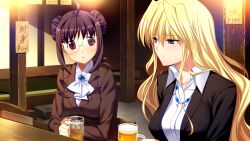 2girls ahoge alcohol ascot beer beer_mug black_jacket blonde_hair blue_brooch blue_eyes breasts brown_hair brown_jacket closed_mouth collared_shirt cup double_bun elbow_rest fumio_(ura_fmo) game_cg glasses grisaia_(series) grisaia_no_rakuen hair_between_eyes hair_bun harudera_yuria holding holding_cup indoors jacket jewelry large_breasts large_variant_set long_hair long_sleeves looking_at_another mole mole_under_eye mug multiple_girls necklace non-web_source official_art on_chair parted_lips red_eyes shirt short_hair_with_long_locks sidelocks sitting suit_jacket tachibana_chizuru_(grisaia) variant_set wavy_hair white_ascot white_shirt wooden_chair
