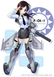 1girl aircraft airplane black_thighhighs blush brown_eyes brown_hair drum_magazine f-ck-1 female_focus gatling_gun girl_arms gun idf jet long_hair magazine_(weapon) mecha_musume military necktie personification salute skirt solo taiwan thighhighs weapon zeco