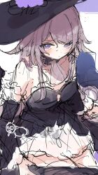 1girl blush brown_hair genshou_ex herta_(honkai:_star_rail) highres honkai:_star_rail honkai_(series) long_hair looking_at_viewer purple_eyes simple_background sketch sweatdrop the_herta_(honkai:_star_rail) unfinished white_background
