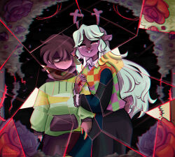 1girl 1other animal_ears antlers black_skirt black_sleeves blonde_hair broken_glass brown_hair buck_teeth checkered_sweater_vest commentary deer_antlers deer_ears deer_girl deltarune english_commentary flower furry furry_female glass green_hoodie hair_over_one_eye highres holding_another&#039;s_arm hood hoodie horns jewelry kris_(deltarune) long_hair long_sleeves noelle_holiday red_eyes red_flower ring short_hair skirt smile stephsartlab striped_clothes striped_hoodie sweat teeth thorns very_long_hair weird_route_(deltarune)