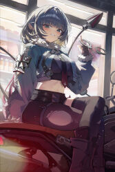 1girl absurdres animal_ears black_gloves black_hair black_pantyhose black_shorts black_thighhighs breasts chann837 crop_top crossed_legs cuffs fingerless_gloves gloves green_eyes green_jacket handcuffs high-waist_shorts highres holding holding_handcuffs jacket jane_doe_(zenless_zone_zero) large_breasts midriff motor_vehicle motorcycle mouse_ears mouse_girl mouse_tail multicolored_hair on_motorcycle outdoors pantyhose red_hair shop short_hair shorts single_leg_pantyhose single_thighhigh sitting smile solo tail thighhighs two-tone_hair zenless_zone_zero