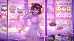 1girl artist_name black_hat breasts brown_eyes brown_hair character_doll cleavage cleavage_cutout clothing_cutout crane_game detached_sleeves doll double_bun dress flower hair_bun hair_flower hair_ornament hat highres indie_virtual_youtuber kirby konyanart large_breasts mini_hat mini_top_hat open_mouth second-party_source sheffy_(vtuber) shopping_cart short_hair smile thigh_strap tiara top_hat virtual_youtuber white_dress white_flower white_sleeves