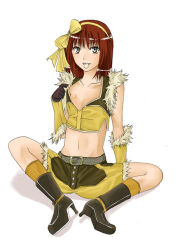 1girl black_boots black_shirt boots bow bow_hairband breasts brown_gloves brown_hair clothes_pull commentary_request full_body fur-trimmed_gloves fur-trimmed_shirt fur-trimmed_shorts fur_trim gloves grey_eyes hair_bow hairband high_heel_boots high_heels hijiru long_hair looking_at_viewer midriff navel open_mouth ragnarok_online shirt shirt_pull shorts simple_background sitting sleeveless sleeveless_shirt small_breasts sniper_(ragnarok_online) solo tongue tongue_out two-tone_gloves two-tone_shirt two-tone_shorts white_background yellow_bow yellow_gloves yellow_hairband yellow_shirt yellow_shorts