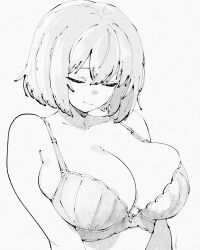 1girl absurdres bare_shoulders bra breasts closed_eyes closed_mouth collarbone commentary greyscale highres large_breasts medium_hair miregeist monochrome original simple_background smile solo underwear upper_body