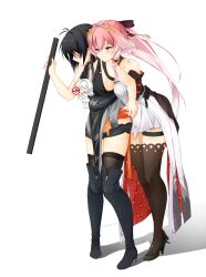 2girls b721847h bare_shoulders black_dress black_hair blush boots breasts changli_(wuthering_waves) dress female_rover_(wuthering_waves) full_body hair_ornament high_heels highres holding large_breasts long_hair multiple_girls pink_hair ponytail rover_(wuthering_waves) shorts simple_background smile standing sword thigh_boots thighhighs weapon white_background white_hair wuthering_waves yuri