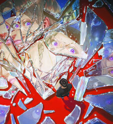 Rule 34 | 1boy, 1girl, absurdres, black hair, blonde hair, broken glass, colored eyelashes, commentary, english commentary, from above, glass, highres, long hair, mirror, original, vijoux