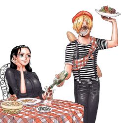 1boy 1girl alcohol baguette black_hair blonde_hair bottle bread clair_obscur:_expedition_33 cup drinking_glass eiichiroyoda food highres nico_robin one_piece sanji_(one_piece) simple_background smile table wine wine_bottle wine_glass
