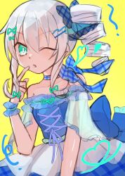 artist_request black_sister breasts choujigen_game_neptune choujigen_game_neptune_mk2 dress drill_hair green_eyes neptune_(series) non-web_source one_eye_closed power_symbol power_symbol-shaped_pupils small_breasts smile symbol-shaped_pupils tagme uni_(neptunia) white_hair