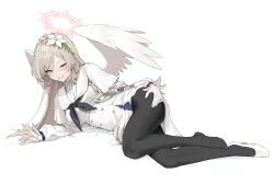 Rule 34 | 1girl, absurdres, black neckerchief, blue archive, blush, breasts, commentary, dress, english commentary, feathered wings, flower, full body, grey hair, grin, hair flower, hair ornament, halo, hand on own ass, high heels, highres, long hair, long sleeves, looking at viewer, lying, mark jin, medium breasts, nagisa (blue archive), neckerchief, on side, one eye closed, pantyhose, pink flower, shoes, simple background, single shoe, smile, solo, white background, white dress, white flower, white shoes, wings