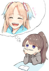 2girls :d ^_^ absurdres blue_hair blue_hoodie blush book closed_eyes closed_mouth commentary curtained_hair facing_viewer fang flower fujishima_megumi gradient_hair grey_hoodie hair_flower hair_ornament highres hood hoodie link!_like!_love_live! long_sleeves love_live! mendo_(mend0o0_) multicolored_hair multiple_girls open_book open_mouth osawa_rurino osawa_rurino_(winter_loungewear) parted_bangs pencil_as_mustache pink_flower puckered_lips purple_eyes sleeves_past_wrists smile speech_bubble spoken_character symbol-only_commentary teeth thinking thought_bubble twintails two-tone_hair upper_teeth_only virtual_youtuber