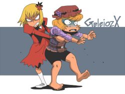2girls aki_minoriko aki_shizuha alternate_costume barefoot black_shorts blonde_hair breasts breasts_out brown_hat clenched_teeth commentary_request dress full_body grape_hat_ornament gypceros_(armor) hair_ornament hat juliet_sleeves large_breasts leaf_hair_ornament long_sleeves mob_cap monster_hunter_(series) multiple_girls onikobe_rin open_mouth puffy_sleeves purple_shirt red_dress shirt short_hair shorts siblings sisters socks struggling teeth touhou turn_pale white_socks