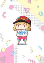 Rule 34 | 1990s (style), absurdres, baseball cap, blonde hair, blue hat, blue shorts, blush stickers, chibi, commentary, english commentary, full body, hands in pocket, hat, highres, hololive, hololive english, hood, hoodie, jazz pattern, memphis design, multicolored hat, multicolored shorts, orange hat, patterned background, patterned clothing, phdpigeon, pink shorts, red hat, retro artstyle, shoes, shorts, smile, smol ame, sneakers, socks, standing, virtual youtuber, watson amelia, white background, white hoodie, white shoes, | |