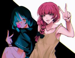 2girls bare_shoulders black_background black_bow black_nails blue_hair blue_shirt bocchi_the_rock! bow braid braided_ponytail chewing_gum collarbone dress earrings from_side green_dress hair_bow hair_ornament hair_over_shoulder hairclip hand_up hiroi_kikuri jewelry knees_up looking_at_viewer multiple_girls open_mouth qdqy4 red_eyes red_hair sharp_teeth shino_kaguya1 shirt short_hair short_sleeves sleeveless sleeveless_dress teeth turning_head two-tone_background upper_body v white_background yamada_ryo yellow_eyes