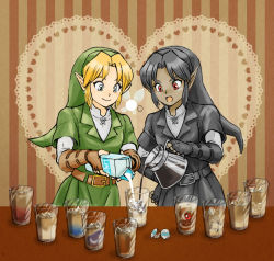 2boys 2girls bad_id bad_pixiv_id black_hair blonde_hair blue_eyes coffee dark-skinned_female dark_link dark_skin earrings elf fairy gender_request genderswap gloves hakobe_(ichiru) hat heart jewelry link milk morpha multiple_boys multiple_girls navi nintendo pointy_ears red_eyes striped_background the_legend_of_zelda the_legend_of_zelda:_ocarina_of_time