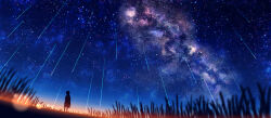 1girl absurdres blurry blurry_foreground commentary_request constellation couple evening highres lens_flare milky_way night night_sky o-bana original shooting_star silhouette sky solo space standing star_(sky) star_(symbol) starry_sky starry_sky_print