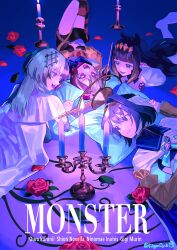 4girls :d black_gloves black_hair black_shorts black_thighhighs blue_eyes blue_hair blunt_bangs brown_hair candelabra candlestand cape chain chain_headband closed_mouth collared_cape commentary_request detached_sleeves enigmatic_recollection fanged_bangs flower gigi_murin gigi_murin_(1st_costume) gloves gradient_hair grey_hair hair_intakes halo head_on_pillow headband highres hololive hololive_english hugging_object juliet_sleeves kagenoyuhi long_hair long_sleeves lying mechanical_halo multicolored_hair multiple_girls ninomae_ina&#039;nis on_back on_stomach open_mouth orange_hair orange_thighhighs ouro_kronii ouro_kronii_(1st_costume) pillow pillow_hug pink_eyes pointy_ears puffy_sleeves purple_hair red_flower red_rose rose sharp_teeth shiori_novella short_hair short_shorts short_twintails shorts sidelocks single_thighhigh smile split-color_hair striped_clothes striped_thighhighs tail teeth tentacle_hair thighhighs twintails two-tone_hair veil very_long_hair virtual_youtuber white_cape white_veil yellow_eyes
