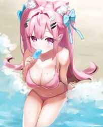 Rule 34 | 1girl, absurdres, ahoge, animal ears, bandaid, bandaid hair ornament, bare shoulders, beach, bikini, blush, bow, breasts, cat ears, cat girl, cleavage, commentary, day, eating, extra ears, fingernails, fish hair ornament, food, hair bow, hair ornament, hairclip, heart, heart hair ornament, highres, holding, holding food, holding popsicle, indie virtual youtuber, large breasts, long hair, looking at viewer, nail polish, navel, outdoors, pink bikini, pink eyes, pink hair, pink nails, popsicle, sand, sitting, solo, soramame (soramame8000), stomach, swimsuit, thighs, upturned eyes, virtual youtuber, water, wing hair ornament, yuuki sakuna