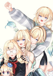 1girl aizawa_ema aizawa_ema_(1st_costume) aizawa_ema_(3rd_costume) aizawa_ema_(4th_costume) alternate_costume bare_shoulders black_serafuku black_shorts blonde_hair blue_eyes braid choker clenched_hand coke-bottle_glasses collarbone dolphin_shorts dress earrings flower_earrings glasses gradient_hair hair_flaps hair_ornament hairpin hatogayar highres hood hoodie jewelry lace lace_choker long_hair multicolored_hair multiple_hairpins neckerchief open_mouth parted_bangs parted_lips pendant_choker red_neckerchief round_eyewear sailor_collar school_uniform serafuku short_hair shorts simple_background sleeveless sleeveless_dress slippers striped_clothes striped_hoodie twin_braids variations virtual_youtuber vspo! white_background
