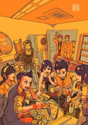 4boys 5girls ace_attorney antenna_hair apollo_justice athena_cykes black_hair brown_eyes brown_hair chips_(food) closed_eyes closed_mouth collared_shirt couch eating food formal_clothes ghost holding holding_food holding_pizza indoors jacket larry_butz limited_palette long_hair long_sleeves maya_fey mia_fey miles_edgeworth multiple_boys multiple_girls necktie on_couch open_door open_mouth pants pearl_fey phoenix_wright pizza pizza_box pizza_slice portrait_(object) potato_chips saginoko shelf shirt short_hair sitting smile spiked_hair suit table trucy_wright vest