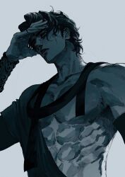 1boy abs amuii arm_up bare_pectorals character_request collarbone commentary english_commentary grey_background highres looking_ahead male_focus muscular muscular_male parted_lips pectorals sideburns simple_background single_bracer solo sultan&#039;s_game teeth upper_body wavy_hair