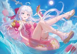 1girl ahoge aqua_eyes bare_legs blue_sky bow breasts carlotta_(splashing_summer)_(wuthering_waves) carlotta_(wuthering_waves) casual_one-piece_swimsuit celtreny commentary day dual_wielding earrings english_commentary flamingo_innertube frilled_one-piece_swimsuit frills hair_bow highres holding holding_water_gun innertube jewelry legs looking_at_viewer medium_breasts ocean official_alternate_costume one-piece_swimsuit open_mouth outdoors parted_bangs pink_bow pink_one-piece_swimsuit sandals sky smile solo striped_bow swim_ring swimsuit thighs water_gun wuthering_waves