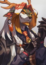 1boy adjusting_clothes adjusting_gloves black_coat black_gloves black_shirt blonde_hair braid coat colored_sclera dragon_boy ear_piercing eastern_dragon_horns facial_hair furry furry_male gloves goatee grey_background highres horns long_hair looking_at_viewer male_focus multicolored_hair orange_eyes original piercing red_hair shirt shishimi_(shishimi443) simple_background solo twin_braids upper_body white_hair yellow_sclera