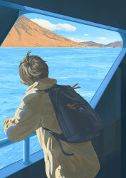 1boy backpack bag black_bag black_hair blue_sky boat cloud dated_commentary day facing_away gloves highres hood hood_down izumitaki_arata jacket leaning_forward male_focus mountain on_boat original railing red_gloves scenery short_hair sky solo water watercraft
