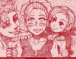 1boy 2girls ban_(nanatsu_no_taizai) bisexual_female blush breasts cleavage clenched_teeth dated elaine grin hair_ribbon jericho_(nanatsu_no_taizai) long_hair monochrome multiple_girls nanatsu_no_taizai ponytail ribbon scar simple_background smile spiked_hair surprised sweat teeth tegaki_draw_and_tweet the_golden_smurf upper_body