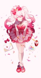 1girl bow candy dress elsword food full_body gradient_hair hair_bow highres laby_(elsword) layered_dress long_hair long_sleeves looking_at_viewer multicolored_dress multicolored_hair one_eye_closed pink_eyes red_bow red_dress red_hair red_shoes rio_(rio773) shoes simple_background smile solo teeth thigh_strap twintails white_dress white_hair