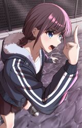 1girl absurdres angry black_jacket blue_eyes brown_hair collarbone commentary_request fence from_above from_side fur-trimmed_jacket fur_trim girls_band_cry grey_shoes hand_up highres iseri_nina jacket long_sleeves low_twintails middle_finger multicolored_shoes open_clothes open_jacket open_mouth outdoors parted_bangs pleated_skirt puffy_long_sleeves puffy_sleeves purple_skirt road shimizu_keitaro shirt shoes short_twintails sidelocks skirt solo street swept_bangs teeth twintails two-tone_shoes white_shirt white_shoes