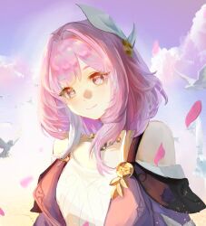 1girl absurdres bird blue_eyes breasts chinese_commentary cloud coat commentary_request cyrene_(honkai:_star_rail) dress falling_petals gradient_sky highres honkai:_star_rail honkai_(series) jewelry medium_hair necklace petals pink_hair purple_coat sky small_breasts smile solo upper_body white_dress zixingchunyi