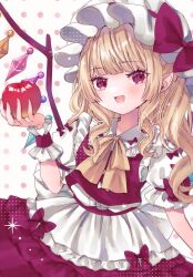 Rule 34 | 1girl, apple, blonde hair, cowboy shot, crystal wings, flandre scarlet, food, fruit, hat, jaku sono, long hair, mob cap, pointy ears, red eyes, red shirt, red skirt, shirt, skirt, solo, touhou, white background, white hat
