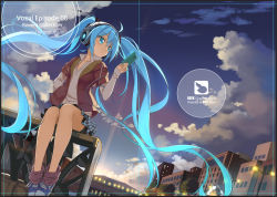 1girl absurdly_long_hair ahoge artist_name beek blue_eyes blue_hair building cellphone cloud dated dutch_angle female_focus floating_hair hand_in_pocket hatsune_miku headphones long_hair outdoors phone shoes sidelocks sitting skirt sky smartphone sneakers solo twintails very_long_hair vocaloid