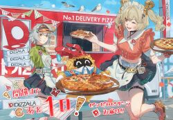 2girls absurdres aki_a0623 anby_demara anby_demara_(operation_yum_2025) apron bangboo_(zenless_zone_zero) belt bird black_skirt blonde_hair burnice_white burnice_white_(operation_yum_2025) commentary_request food food_truck green_shirt green_skirt grey_hair highres layered_skirt midriff miniskirt multiple_girls official_art one_eye_closed pizza pizza-la pizza_box pizza_slice red_eyes red_shirt roller_skates shirt short_sleeves skates skirt table thigh_strap translation_request tray twintails visor_cap waitress white_apron yellow_eyes zenless_zone_zero