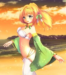 Rule 34 | 1girl, alternate color, bandeau, beach, blonde hair, blush, bow, breasts, circlet, cleavage, commentary request, cowboy shot, detached sleeves, gem, gold necklace, green bow, green eyes, green gemstone, gypsy (ragnarok online), hair bow, harem pants, high ponytail, highres, horizon, jewelry, large breasts, long hair, looking at viewer, necklace, ocean, open mouth, orange sky, pants, ponytail, ragnarok online, red gemstone, rozelia00, sand, sky, smile, solo, sunset, water, waves, white bandeau, white pants
