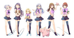 10s 1boy 5girls aira_(exp) alcohol alternate_hair_color androgynous animal asymmetrical_clothes asymmetrical_footwear beer belt black_hair black_skirt blonde_hair blue_eyes brown_eyes brown_hair closed_eyes cosplay crop_top crossdressing diane_(nanatsu_no_taizai) earrings elaine elaine_(nanatsu_no_taizai) elizabeth_liones elizabeth_liones_(cosplay) expressionless frills glasses gowther guila hair_ornament hair_over_eyes hair_over_one_eye hairband happy hawk_(nanatsu_no_taizai) highres jericho_(nanatsu_no_taizai) jewelry leoneth_elizabeth leoneth_elizabeth_(cosplay) long_hair looking_at_viewer midriff mismatched_footwear multiple_girls nanatsu_no_taizai navel pencil pig ponytail purple_eyes purple_shirt shirt shoes short_hair silver_hair simple_background single_thighhigh skirt smile standing thighhighs thighs trap waitress white_background yellow_eyes
