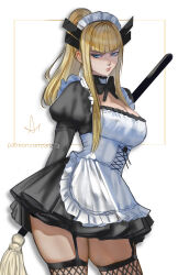 absurdres alternate_costume apron arialla_draws black_dress blonde_hair blue_eyes breasts broom commentary dress english_commentary enmaided fishnet_thighhighs fishnets frilled_apron frills frown highres holding holding_broom magik_(x-men) maid maid_apron maid_headdress marvel medium_breasts short_dress thighhighs waist_apron white_apron x-men