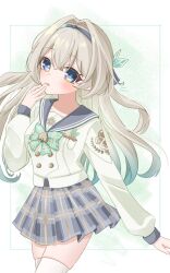 blush bow bowtie buttons checkered_bow checkered_bowtie checkered_clothes checkered_skirt double-breasted firefly_(honkai:_star_rail) firefly_(spring_missive)_(honkai:_star_rail) gradient_hair green_bow green_bowtie green_pupils grey_hair grey_hairband grey_ribbon grey_sailor_collar grey_skirt hair_between_eyes hair_intakes hair_ornament hair_ribbon hairband hand_on_own_face highres honkai:_star_rail honkai_(series) long_hair long_sleeves multicolored_eyes multicolored_hair open_mouth pleated_skirt ribbon sailor_collar skirt sukumo_uru thighhighs white_sleeves white_thighhighs
