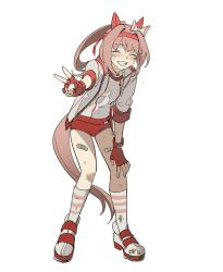 Rule 34 | 1girl, animal ears, apios, bandaid, bandaid on leg, blush, bow, buruma, closed eyes, ear bow, ear covers, fingerless gloves, full body, gloves, grin, gym uniform, hairband, hand on own knee, haru urara (umamusume), headband, highres, horse ears, horse girl, horse tail, jacket, leaning forward, long hair, ponytail, red buruma, red gloves, red headband, shirt, shoes, simple background, smile, socks, solo, standing, tail, umamusume, v, white background, white jacket, white shirt, white socks
