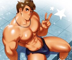 Rule 34 | 1boy, abs, bara, biceps, blue male swimwear, blush, broad shoulders, brown eyes, brown hair, chain, chain necklace, head tilt, highres, jewelry, large pectorals, looking at viewer, male focus, male swimwear, muscular, muscular male, necklace, nipples, original, partially submerged, pectorals, raised eyebrow, sachumantd, soaking feet, solo, sparkle, star (symbol), thick eyebrows, thick thighs, thighs, tile floor, tiles, v, v-taper, veins, veiny arms
