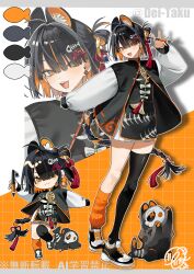 1girl :3 absurdres animal_ear_fluff animal_ears asymmetrical_legwear black_hair black_jacket black_shoes black_thighhighs braid cat cat_ears cat_girl chibi chimera chinese_clothes cloud_hair_ornament color_guide colored_inner_hair cross-shaped_pupils deitaku deitaku_(character) fins fish_girl fish_skeleton fish_skeleton_hair_ornament fish_skeleton_print fish_tail grid_background hair_ornament hair_rings highres holding holding_pen holding_stylus jacket long_hair long_sleeves multicolored_hair multicolored_jacket multiple_views open_mouth orange_eyes orange_hair orange_socks original pen print_jacket sharp_teeth shoes skirt sneakers socks streaked_hair stylus symbol-shaped_pupils tail tassel tassel_hair_ornament teeth thighhighs twitter_username two-tone_hair two-tone_jacket very_long_hair white_skirt white_sleeves xiangyun zoom_layer