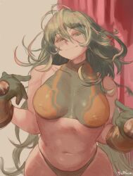 Rule 34 | 1girl, absurdres, bikini, boku no hero academia, breasts, closed mouth, commentary, duffmox, english commentary, gloves, green bikini, green eyes, green gloves, green hair, hagakure toru, highres, large breasts, long hair, looking at viewer, messy hair, multicolored hair, navel, pink hair, pointing, pointing at self, solo, swimsuit, unusually visible