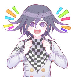 1boy :d black_hair buttons checkered_neckerchief danganronpa_(series) danganronpa_v3:_killing_harmony double-breasted grey_jacket hair_between_eyes inukai_(inuuowoukai) jacket long_sleeves male_focus medium_hair multicolored_hair neckerchief notice_lines oma_kokichi open_mouth simple_background smile sparkling_eyes teeth two-tone_hair upper_teeth_only white_background