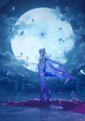 1girl absurdres bare_shoulders breasts cloud cloudy_sky crossed_bangs dress full_body full_moon genshin_impact grey_hair gyoukan_(jfxc) hair_between_eyes hair_ornament high_heels highres ice long_hair looking_at_viewer medium_breasts moon night prosthesis prosthetic_arm prosthetic_leg shards skirk_(genshin_impact) sky star_(sky) starry_sky white_dress