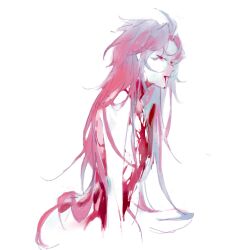 Rule 34 | 1boy, ahoge, artistguillotine, blood, blood from mouth, blood on arm, blood on chest, blood on face, blood on neck, blood on stomach, closed mouth, completely nude, cropped torso, curtained hair, eyes visible through hair, from side, hatsutori hajime, highres, long hair, male focus, nude, parted bangs, pink hair, red eyes, saibou shinkyoku, simple background, solo, variant set, white background