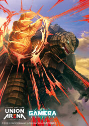 blue_sky claws cloud day debris dusk dust energy energy_fist engi_(animation_studio) english_text fire gamera gamera_(series) gamera_-rebirth- giant giant_monster glowing glowing_eyes glowing_hand green_eyes ishida_baru japanese_text kadokawa kaiju logo looking_at_viewer monster no_humans official_art open_mouth plasma roaring rubble sea_monster sharp_teeth sky teeth tongue turtle tusks union_arena