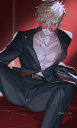 1boy absurdres black_jacket black_pants blonde_hair closed_mouth collarbone grey_eyes highres jacket looking_at_viewer male_focus pants pectoral_cleavage pectorals prosthesis prosthetic_arm solo spread_legs tinted_eyewear torn_skin trigun trigun_stampede twitter_username vash_the_stampede yakikesen